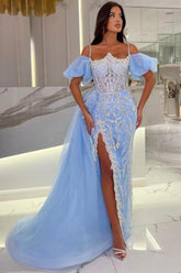 Fabulous Blue Spaghetti Off-The-Shoulder Bubble Sleeves Split Front Beaded Panel Train Tulle Prom Evening Dresses With Appliques